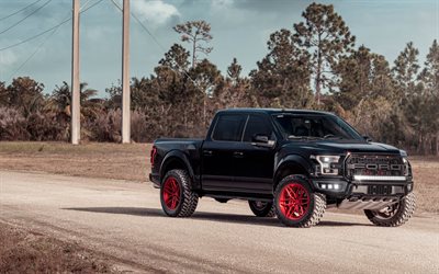 Ford F-150 Raptor, 2019, black pickup truck, tuning F-150, red wheels, american cars, Ford