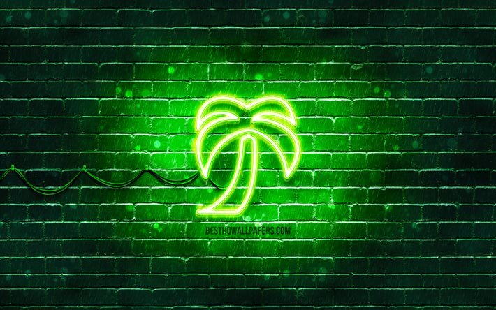 Icona al neon di palma, 4k, sfondo verde, simboli al neon, Palma, creativo, icone al neon, segno di palma, segni di ecologia, icona di palma, icone di ecologia, albero di palma