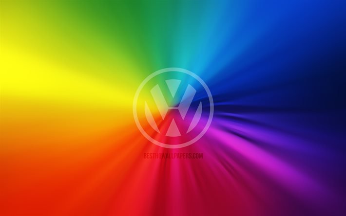 Volkswagen-logo, 4k, py&#246;rre, sateenkaaren taustat, luova, VW-logo, kuvitus, automerkit, Volkswagen