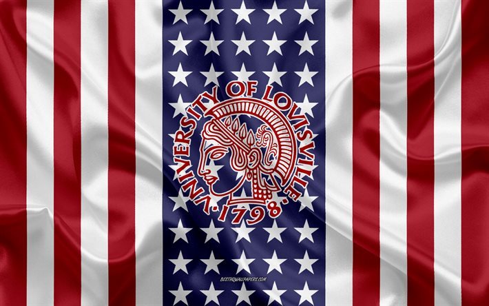Embl&#232;me de l&#39;Universit&#233; de Louisville, drapeau am&#233;ricain, logo de l&#39;Universit&#233; de Louisville, Louisville, Kentucky, &#201;tats-Unis, Universit&#233; de Louisville