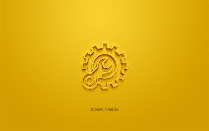 Icono 3d del engranaje, fondo amarillo, s&#237;mbolos 3d, gear con llave inglesa, arte 3d creativo, iconos 3d, signo de engranaje, iconos 3d de reparaci&#243;n