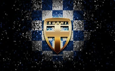 Finnish football team, glitter logo, UEFA, Europe, blue white checkered background, mosaic art, soccer, Finland National Football Team, SUOMI  logo, football, Finland