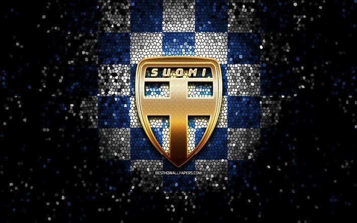 Suomalainen jalkapallojoukkue, glitter-logo, UEFA, Eurooppa, sininen valkoinen ruudullinen tausta, mosaiikkitaide, jalkapallo, Suomen jalkapallomaajoukkue, SUOMI-logo, Suomi