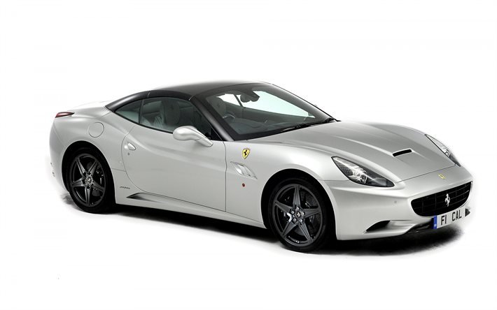 Ferrari California, ulkopuoli, Ferrari valkoisella taustalla, hopea urheilu coupe, italian urheiluautot, UK-spec, Ferrari