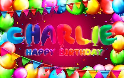Happy Birthday Charlie, 4k, colorful balloon frame, Charlie name, purple background, Charlie Happy Birthday, Charlie Birthday, popular american female names, Birthday concept, Charlie