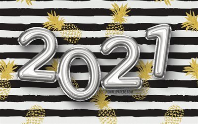 4k, Happy New Year 2021, silver balloons digits, 2021 silver digits, 2021 concepts, 2021 new year, 2021 on colorful background, 2021 year digits