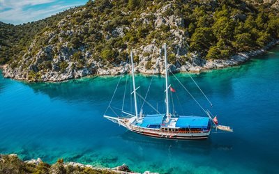 Fethiye, white sailboat, coast, rocks, summer travel, resorts of Turkey, sailboat in the bay, Turkey