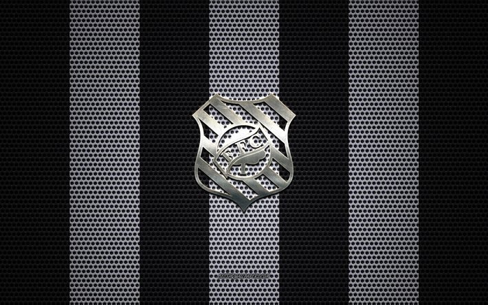 Logo Figueirense FC, squadra di calcio brasiliana, emblema in metallo, sfondo maglia in metallo bianco nero, Figueirense FC, Serie B, Florianopolis, Brasile, calcio