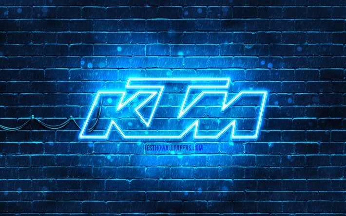 ktm blaues logo, 4k, blaue ziegelwand, ktm logo, motorradmarken, ktm neon-logo, ktm