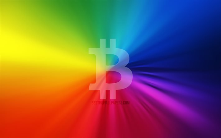 Bitcoin logo, 4k, vortex, cryptocurrency, rainbow backgrounds, creative, artwork, Bitcoin