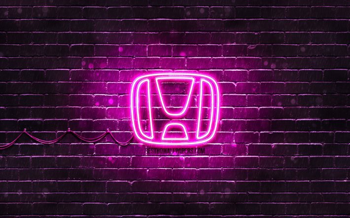 ホンダパープルロゴ, 4k, 紫ブリックウォール, ホンダ・ロゴ, 車のブランド, ホンダネオンロゴ, ホンダ