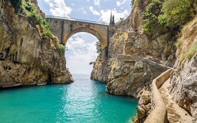 Fjord furore, Amalfi, pont de pierre, mer M&#233;diterran&#233;e, c&#244;te, roches, Furore, Salerne, Italie, Fiordo di Furore, C&#244;te d’Amalfi