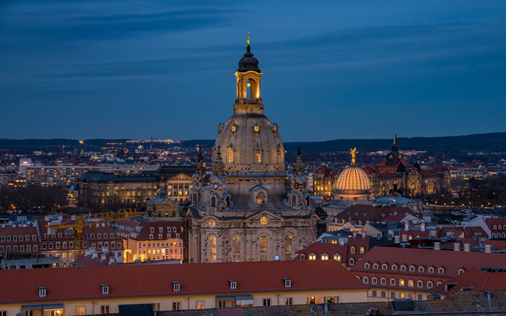 Dresde, la iglesia Luterana, la tarde, la Frauenkirche de Dresde, la arquitectura Barroca, Alemania, Dresden monumentos