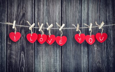 I love you, 4k, Valentine Day, hearts, wooden background, creative