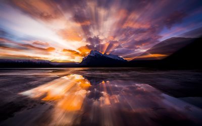 Banff, 4k, Kirkkaanpunainen J&#228;rvet, talvi, sunset, vuoret, Banff National Park, Alberta, Kanada