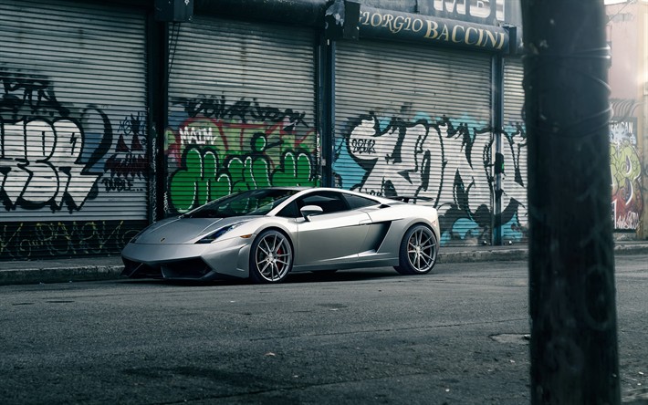 Lamborghini Gallardo, silver sport car, Italian sports car, silver Gallardo, graffiti