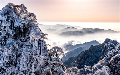 mountain landscape, winter, snow, mountains, sunset, fog