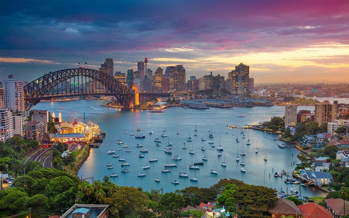 A Ponte Do Porto De, Sydney, bay, barcos, paisagem urbana, noite, p&#244;r do sol, Austr&#225;lia