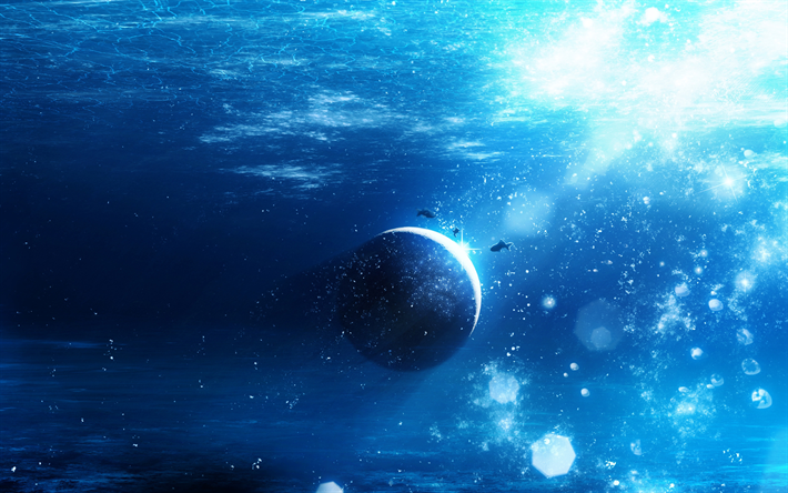 planeta, arte tubar&#245;es, mar, submarino