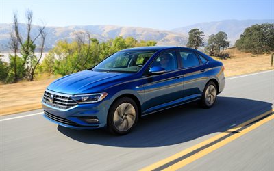 Volkswagen Jetta, 2019, 4k, mavi sedan, yeni mavi Jetta, Alman otomobil, Volkswagen