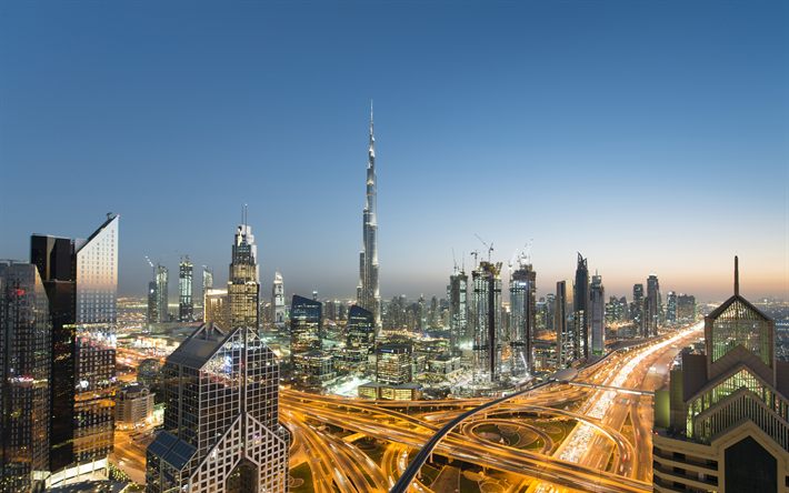 Burj Khalifa, 4k, sunset, moderneja rakennuksia, UAE, pilvenpiirt&#228;ji&#228;, Dubai