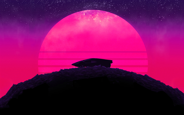 pink moon, minimal, future car, mountains