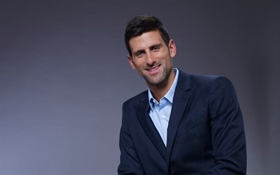 Novak Djokovic, photoshoot, hymy, 4k, muotokuva, virallinen harmaa puku, Serbian tennispelaaja