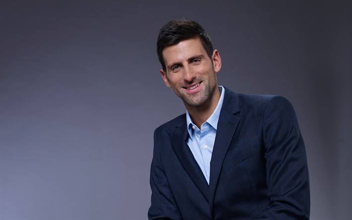 Novak Djokovic, photoshoot, sorriso, 4k, ritratto, ufficiale vestito grigio, serbo giocatore di tennis