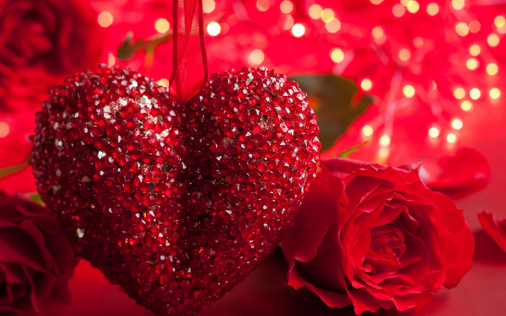 cora&#231;&#227;o vermelho, gemas vermelhas, Feliz Dia De S&#227;o Valentim, conceitos de amor