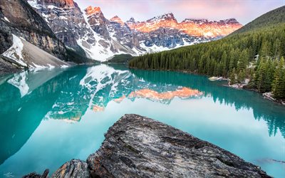 4k, Moraine Lake, Banff, mountains, canadian landmarks, rocky mountains, Alberta, Canada