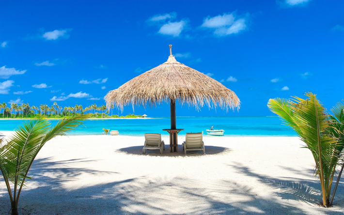 Maldiverna, tropiska &#246;n, beach, sand, paraply, havet, ocean