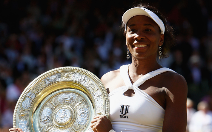 Venus Williams, 4k, WTA, amerikansk tennisspelare, portr&#228;tt, trophy, Wimbledon