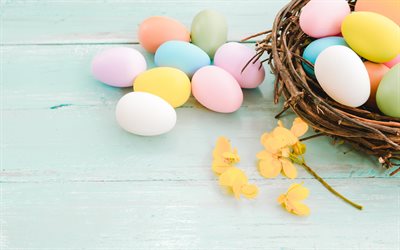 Easter, colorful eggs, spring, basket, Happy Easter