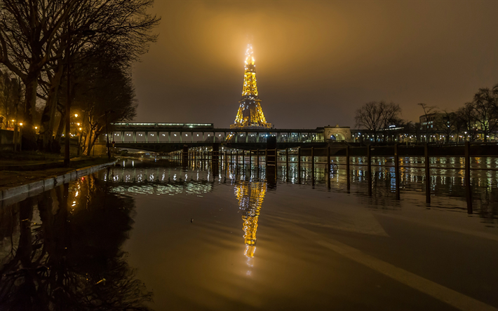 Eiffel Tower, fog, evening, lights, city lights, Paris, France