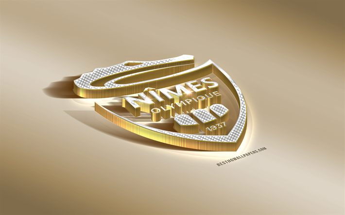 1 Nimes Olympique, Fransız Futbol Kul&#252;b&#252;, altın g&#252;m&#252;ş logo, Nimes, Fransa, İzle, 3d altın amblemi, yaratıcı 3d sanat, futbol
