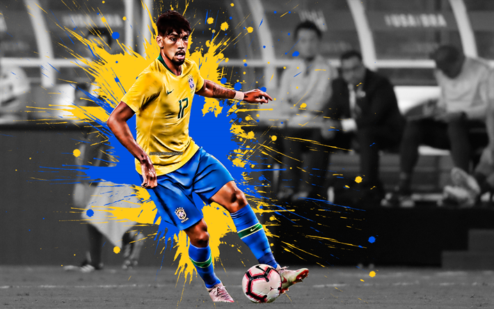 Lucas Paqueta, Brazil national football team, attacking midfielder, Brazilian football player, creative flag of Brazil, paint splashes, Brazil, football