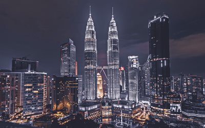 petronas towers, 4k, nachtaufnahmen, wolkenkratzer, kuala lumpur, malaysia, asien, petronas towers bei nacht