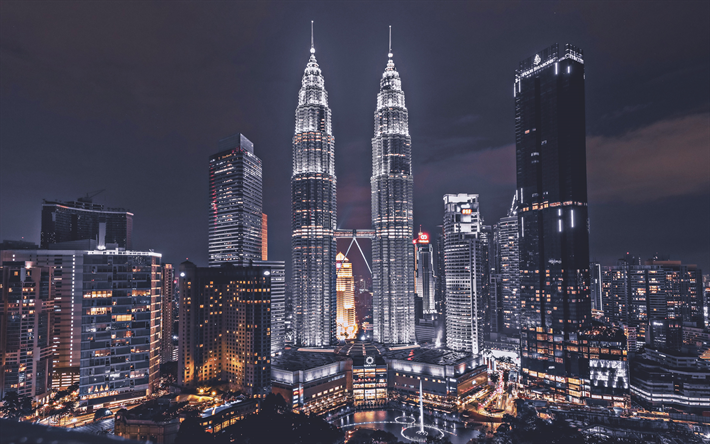Geceleri Kuala Kuleleri, 4k, nightscapes, g&#246;kdelen, Kuala Lumpur, Malezya, Asya, Kuala Kuleleri