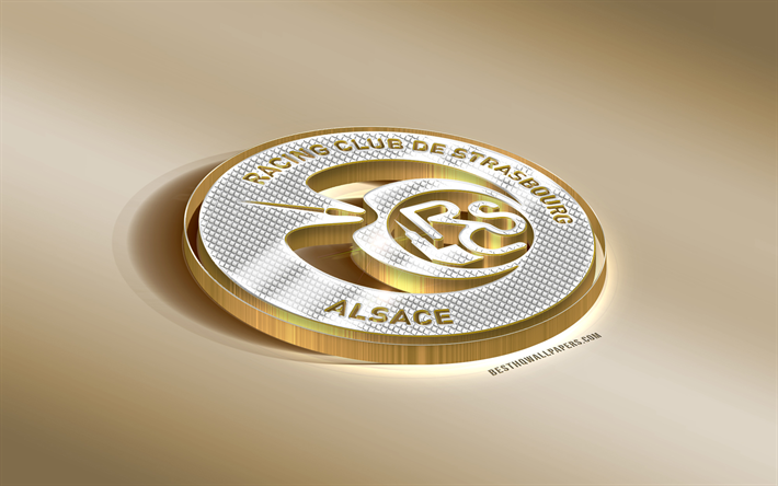 RC Strasbourg Alsace, Ranskan football club, golden hopea logo, Strasbourg, Ranska, League 1, 3d kultainen tunnus, luova 3d art, jalkapallo