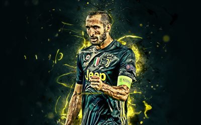 Giorgio Chiellini, uniforme preto, A Juventus FC, Serie A, futebol, italiano de futebol, Chiellini, luzes de neon, A Juve, A Juventus