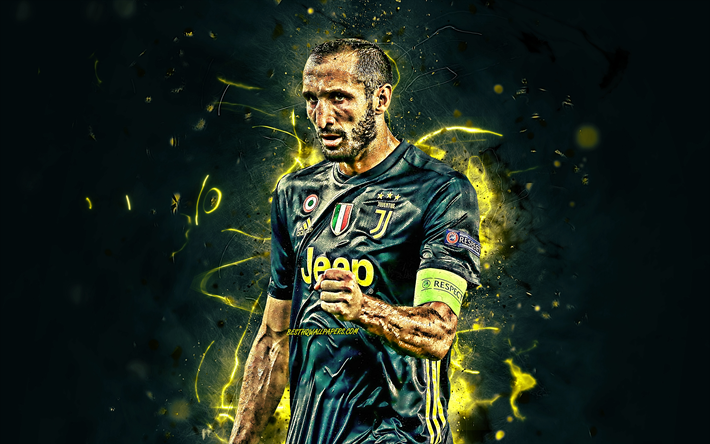 Giorgio Chiellini, svart uniform, Juventus FC, Serie A, fotboll, italienska fotbollsspelare, Chiellini, neon lights, Juve, Juventus