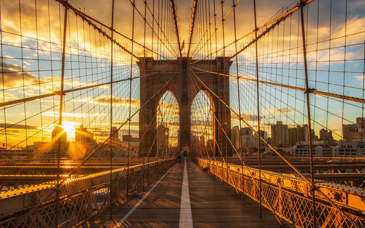 New York, le Pont de Brooklyn, Manhattan, le lever du soleil, matin, drapeau Am&#233;ricain, monument, gratte-ciel, &#233;tats-unis