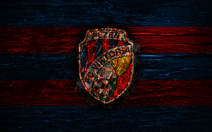 Viktoria Plzen FC, fire logo, Czech First League, blue and red lines, Czech football club, grunge, football, soccer, Viktoria Plzen logo, wooden texture, Czech Republic