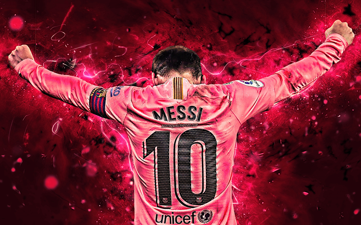 Lionel Messi, back view, pink uniform, Barcelona FC, football stars, FCB, Messi, soccer, footballers, Barca, Leo Messi, argentinian footballers