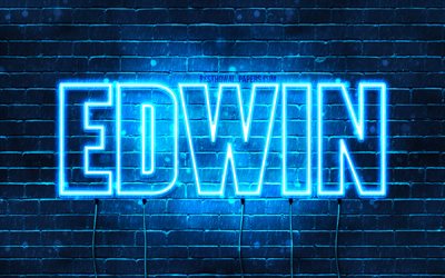 Edwin, 4k, wallpapers with names, horizontal text, Edwin name, blue neon lights, picture with Edwin name