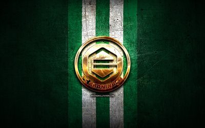 FC Groningen, logo dor&#233;, Eredivisie, vert m&#233;tal, fond, football, n&#233;erlandais club de football, FC Groningen logo, pays-bas