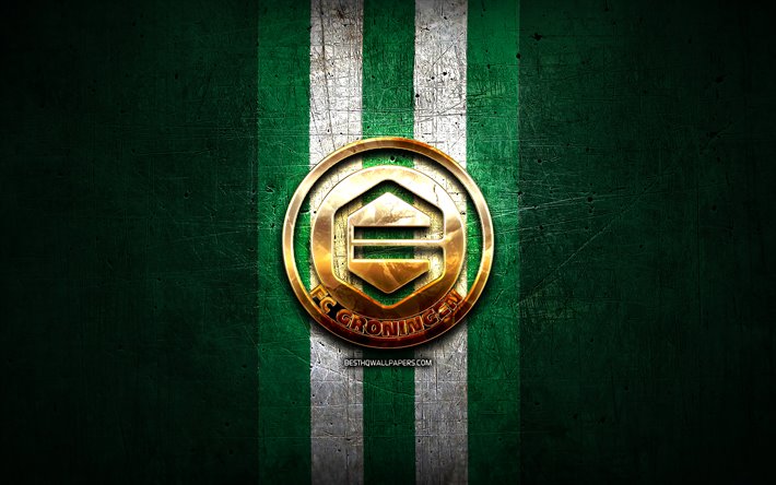 FC Groningen, kultainen logo, Eredivisie, vihre&#228; metalli tausta, jalkapallo, Hollantilainen jalkapalloseura, FC Groningen-logo, Alankomaat