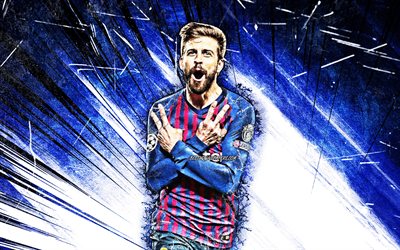 Gerard Piqu&#233;, O Barcelona FC, grunge arte, futebolistas espanh&#243;is, A Liga, Gerard Pique Bernabeu, Barca, futebol, azul resumo raios, LaLiga, Espanha