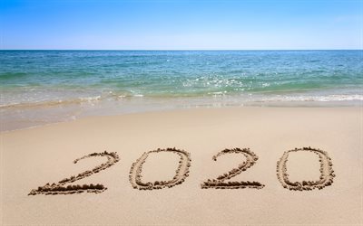 2020 Nouvel An, 2020 inscription sur le sable, la plage, l&#39;&#233;t&#233; 2020, paysage marin, 2020 concepts