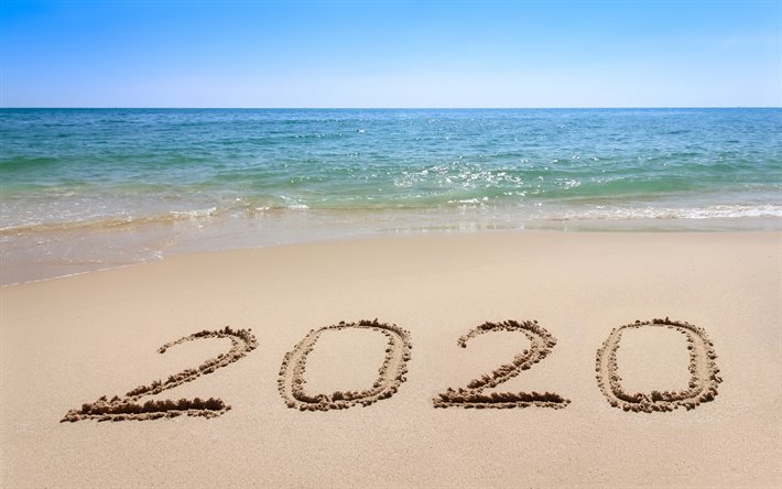 2020 de A&#241;o Nuevo, el a&#241;o 2020 inscripci&#243;n en la arena, la playa, el verano de 2020, paisaje marino, 2020 conceptos